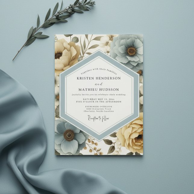 Convites Casamento Botânico Floral Azul Empoeirado (Criador carregado)