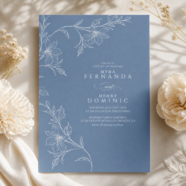 Convites Casamento Botânico Floral Azul Empoeirado (Criador carregado)