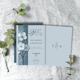 Convites Casamento Botânico Floral Azul Empoeirado Desenhad