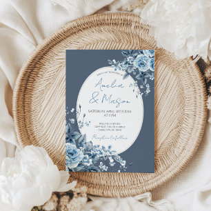 Convites Casamento Botânico Floral Azul Empoeirado Elegante