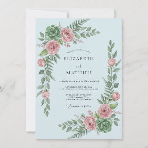 Convites Casamento Botânico Floral Azul Empoeirado Romance