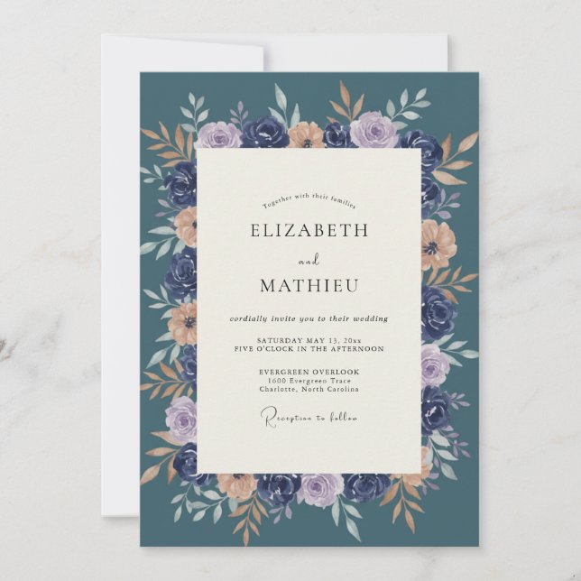 Convites Casamento Botânico Floral Azul Marinho (Frente)