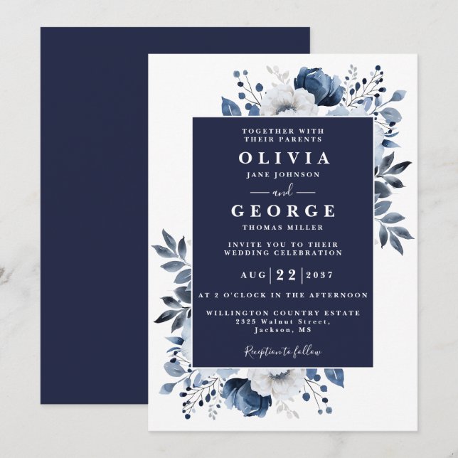 Convites Casamento Botânico Floral Azul Marinho Moderno (Frente/Verso)
