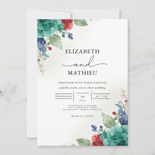 Convites Casamento Botânico Floral Azul Teal (Frente)