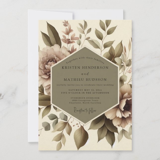Convites Casamento Botânico Floral Bege (Frente)