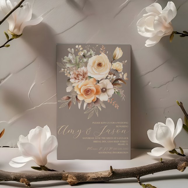 Convites Casamento Botânico Floral Bege Neutro  (Criador carregado)