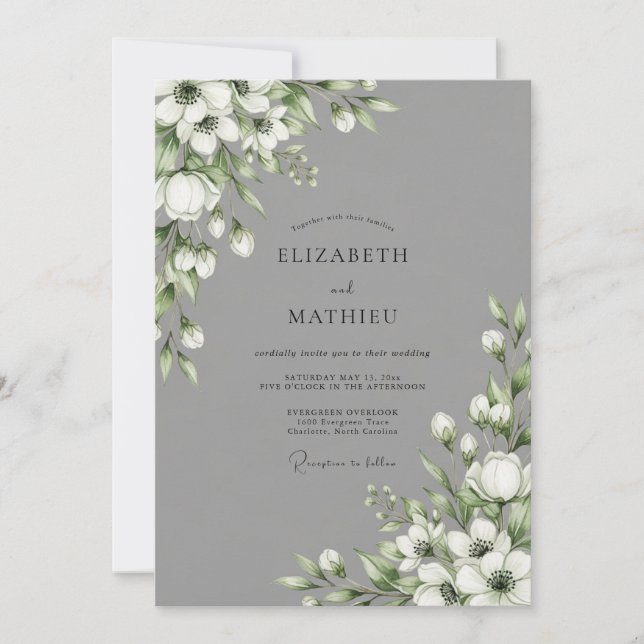 Convites Casamento Botânico Floral Branco Cinza (Frente)