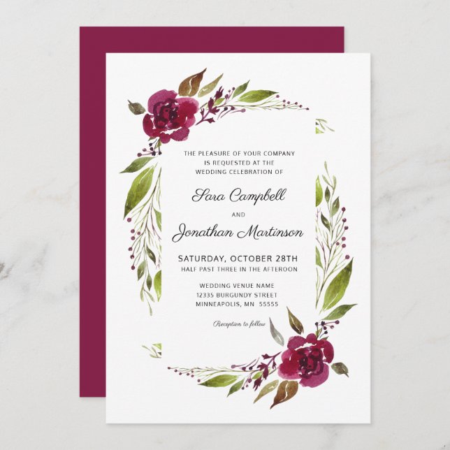 Convites Casamento Botânico Floral Burgundy (Frente/Verso)
