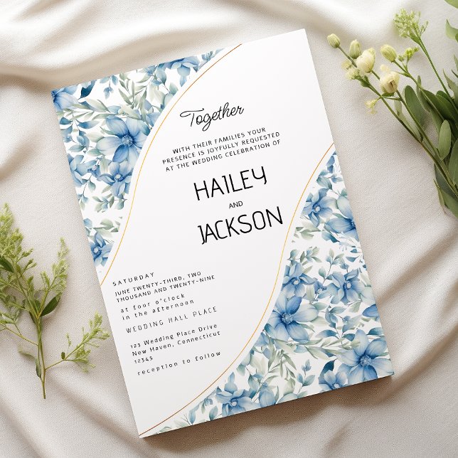 Convites Casamento botânico floral com horta azul marinho d (Watercolor navy blue mint floral botanical wedding)