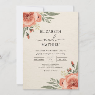 Convites Casamento Botânico Floral Coral Blush