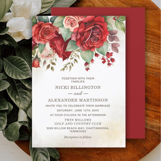 Convites Casamento Botânico Floral das Rosas vermelhas Vint (Vintage red roses floral botanical wedding invitation)