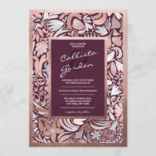 Convites Casamento Botânico Floral de Burgundy, Rosa Dourad