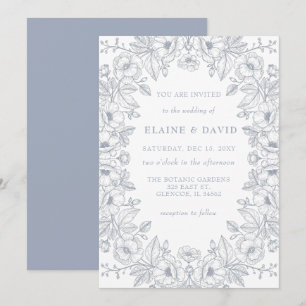 Convites Casamento Botânico Floral de Chinoiserie Azul Eleg