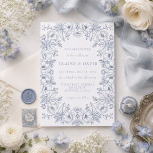 Convites Casamento Botânico Floral de Chinoiserie Azul Eleg