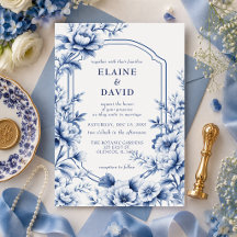 Casamento Botânico Floral de Chinoiserie Azul Eleg