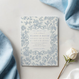 Convites Casamento Botânico Floral de Chinoiserie Azul Eleg
