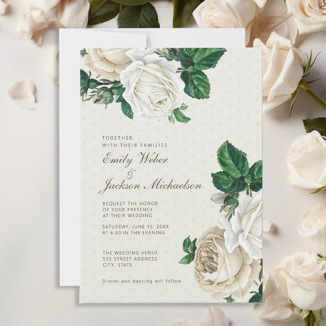 Convites Casamento Botânico Floral de Creme Branco Elegante (Elegant white roses wedding invitation)