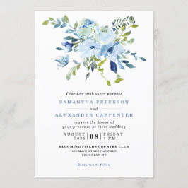 Convites Casamento Botânico Floral de Marinho Azul-Elegante
