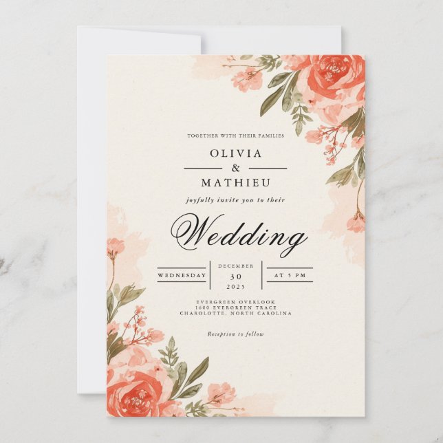 Convites Casamento Botânico Floral de Peach Coral (Frente)