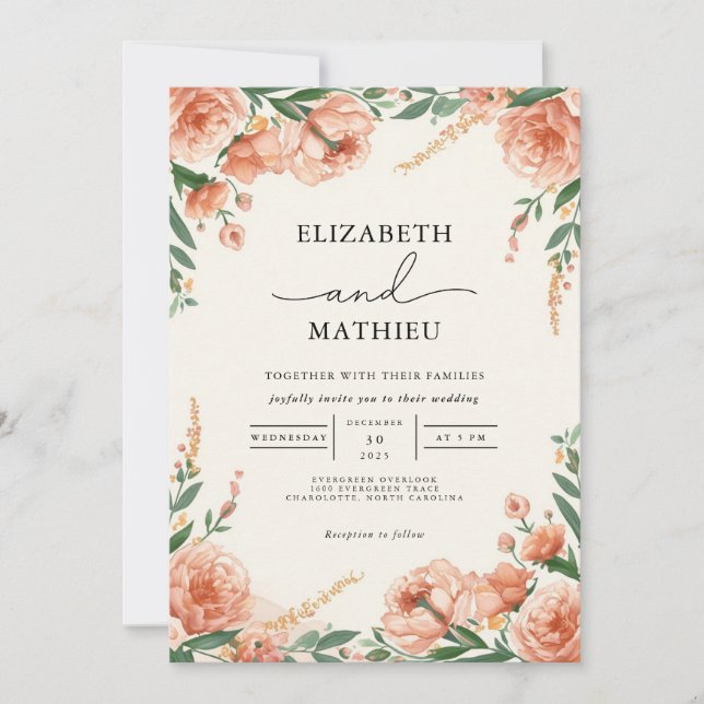 Convites Casamento Botânico Floral de Peach Elegante (Frente)