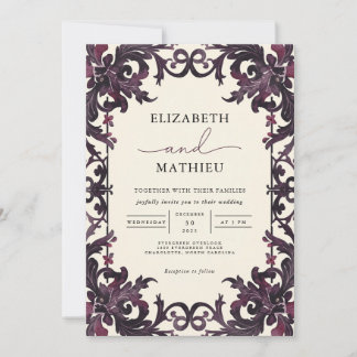 Convites Casamento Botânico Floral de Plum Gótico Profundo