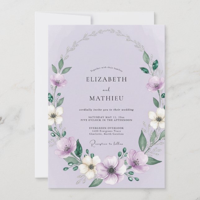 Convites Casamento Botânico Floral de Romance Vinca Menor (Frente)