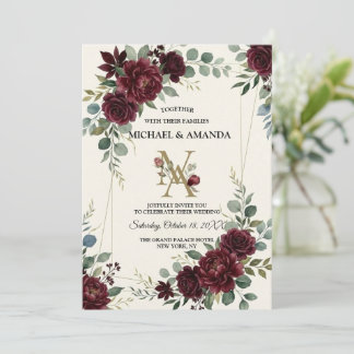 Convites Casamento Botânico Floral de Rosa Burgundy Elegant
