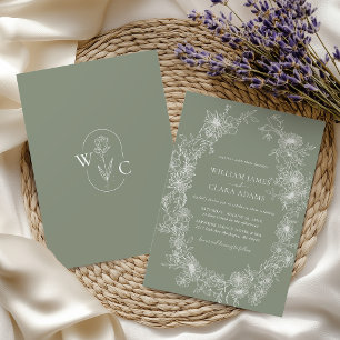 Convites Casamento Botânico Floral de Sage Green Vintage