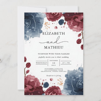 Convites Casamento Botânico Floral do Marinho Burgundy Eleg