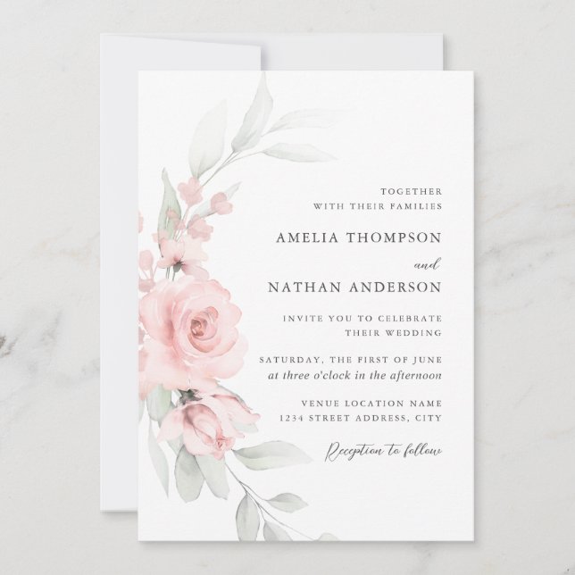 Convites Casamento Botânico Floral Elegante com Rubor Rosa (Frente)