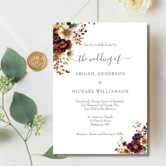Convites Casamento Botânico Floral Elegante Dourado Borgonh (Burgundy gold watercolor floral elegant wedding invitation. Printed or Digital download)