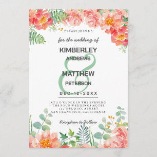 Convites Casamento botânico floral em aquarela rosa coral