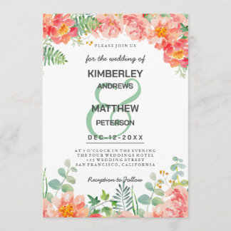 Convites Casamento botânico floral em aquarela rosa coral