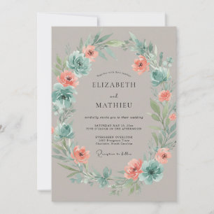 Convites Casamento Botânico Floral em Bege e Azul Verde
