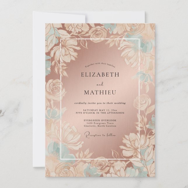 Convites Casamento Botânico Floral em Rose Gold (Frente)