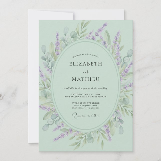 Convites Casamento Botânico Floral em Verde Menta (Frente)