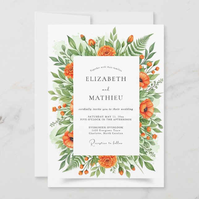 Convites Casamento Botânico Floral Laranja (Frente)