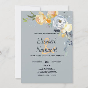 Convites Casamento botânico floral laranja azul branco