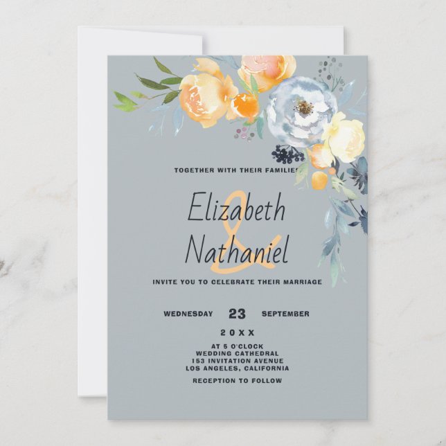 Convites Casamento botânico floral laranja azul branco  (Frente)
