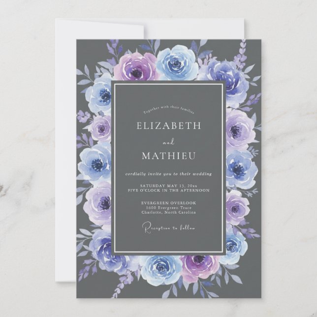 Convites Casamento Botânico Floral Lavanda Azul (Frente)