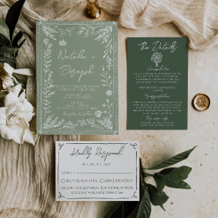Convites Casamento Botânico Floral Moderno em Verde Sage Bo
