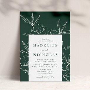 Convites Casamento Botânico Floral Moderno Verde Escuro e C