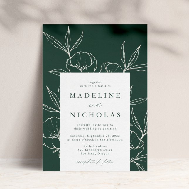 Convites Casamento Botânico Floral Moderno Verde Escuro e C (Criador carregado)