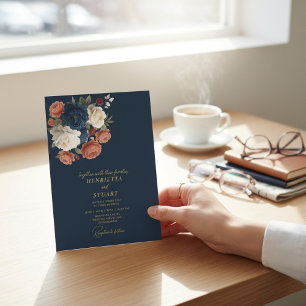 Convites Casamento Botânico Floral Navy Tudo-em-Um