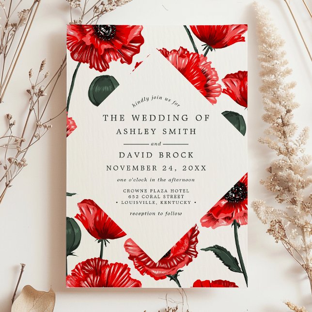 Convites Casamento Botânico Floral Papoula Vermelha (Criador carregado)