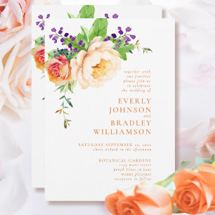 Convites Casamento Botânico Floral Peach Bold Watercolor