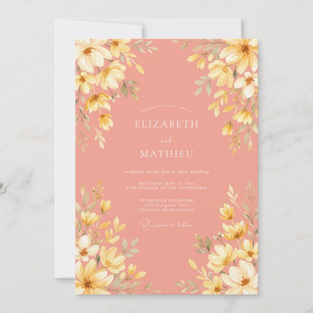 Convites Casamento Botânico Floral Pêssego (Frente)