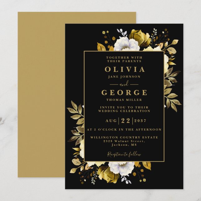 Convites Casamento Botânico Floral Preto e Dourado Moderno (Frente/Verso)