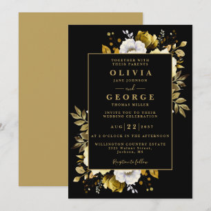 Convites Casamento Botânico Floral Preto e Dourado Moderno