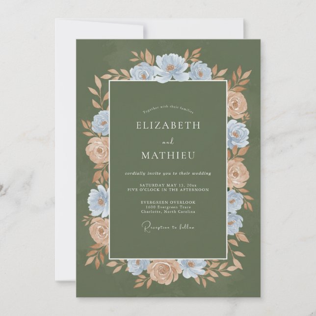 Convites Casamento Botânico Floral Romântico em Sage (Frente)